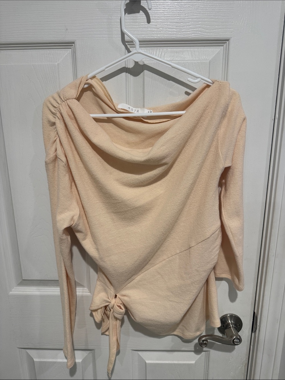 Astr Off-the-Shoulder Cream Knit Tie-Side Sweater